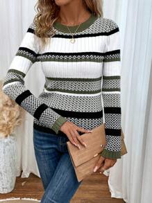 SHEIN LUNE 条纹图案撞色滚边毛衣，长袖，秋冬季休闲款 - 彩色 - 查看 3