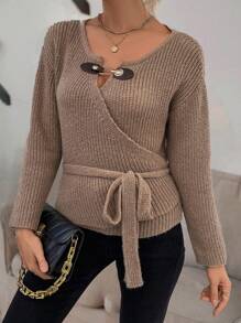 Chiquease 環鏈條紋針織腰帶開襟衫 - 卡其色 - 查看 4