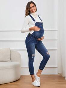 SHEIN 孕婦1入組破洞牛仔背帶褲 - 中等水洗藍 - 查看 3