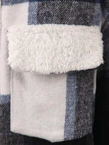 男大童1入組格紋印花羊絨領口翻蓋口袋毛絨內襯外套 - 藍色 - 查看 6