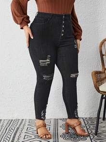 SHEIN LUNE Plus Button Fly Ripped Raw Cut Skinny Jeans - Black - View 4