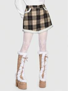 ROMWE Kawaii Plaid Pattern Teddy Panel Shorts - Multicolor - View 1