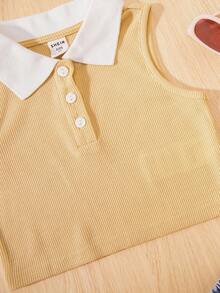 SHEIN Cô Gái Trẻ Cổ áo tương phản Cổ Polo Áo ba lỗ - Màu be - Xem 5