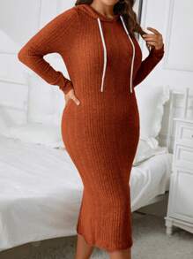 SHEIN Essnce Plus Size Ribbed Knit Drawstring Sweatshirt Dress - Rust Brown - View 5