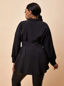 Maweii Plus Size Women Solid Color Bishop Sleeve Gathered Waist A-Line Black Sexy Long Sleeve Shirt Cardigan