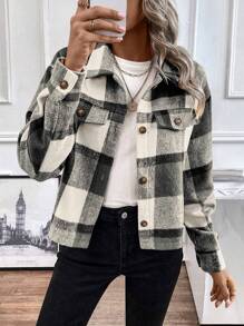 SHEIN LUNE In kẻ sọc Thả vai Chi tiết về Flap Áo khoác - màu đen - Xem 1