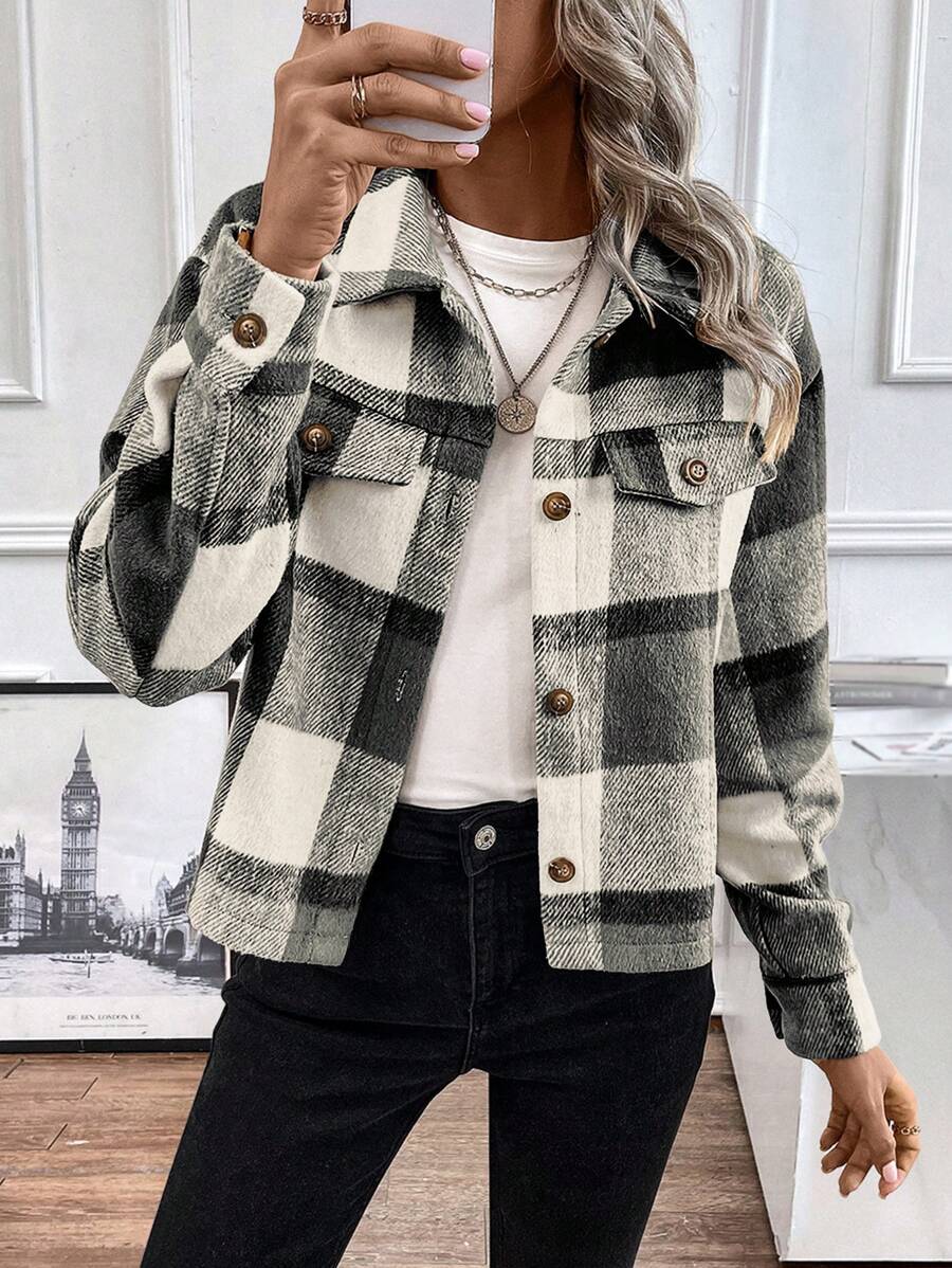 SHEIN LUNE In kẻ sọc Thả vai Chi tiết về Flap Áo khoác - màu đen - Xem 1