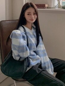 DAZY In kẻ sọc Thả vai Áo chui đầu Oversized - Xanh và trắng - Xem 8