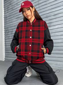 SHEIN EZwear Plaid & Letter Graphic Drop Shoulder Two Tone Jacket - Red - View 6