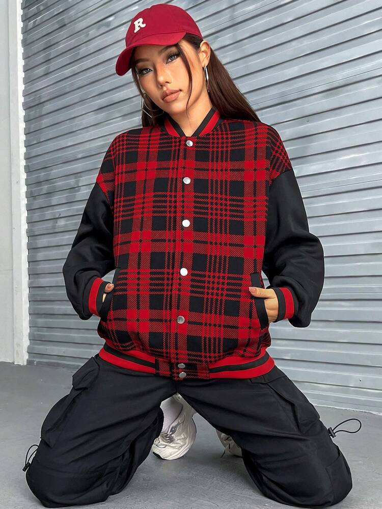 Plaid & Letter Graphic Drop Shoulder Two Tone Jacket