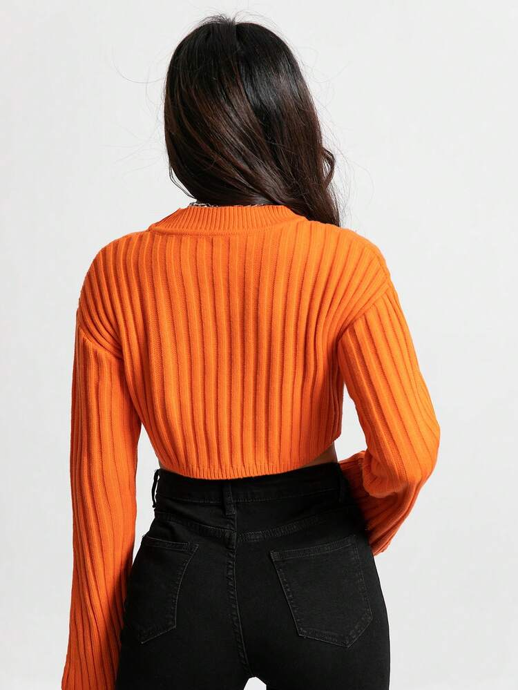 Solid Asymmetrical Hem Crop Knit Pullover Fall Winter Sweater