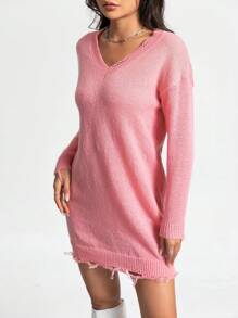 Chiquease Solid Drop Shoulder Distressed Sweater Dress
