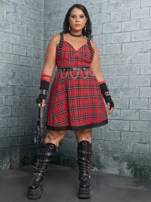 ROMWE PUNK 大碼格子呢圖案蕾絲邊吊帶洋裝不附腰帶 - 彩色 - 查看 1