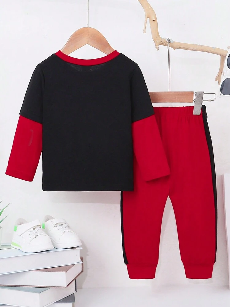 Baby Boy Cartoon Graphic Contrast Binding Tee & Sweatpants