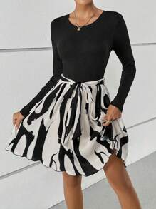 SHEIN Privé 圖案印花繫腰帶洋裝 - 彩色 - 查看 1