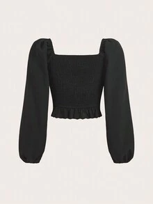 SHEIN Unity Blusa elegante de manga larga con ajuste ceñido, parche de encaje y decoración de lazo deunicoloro - Negro - Ver 2