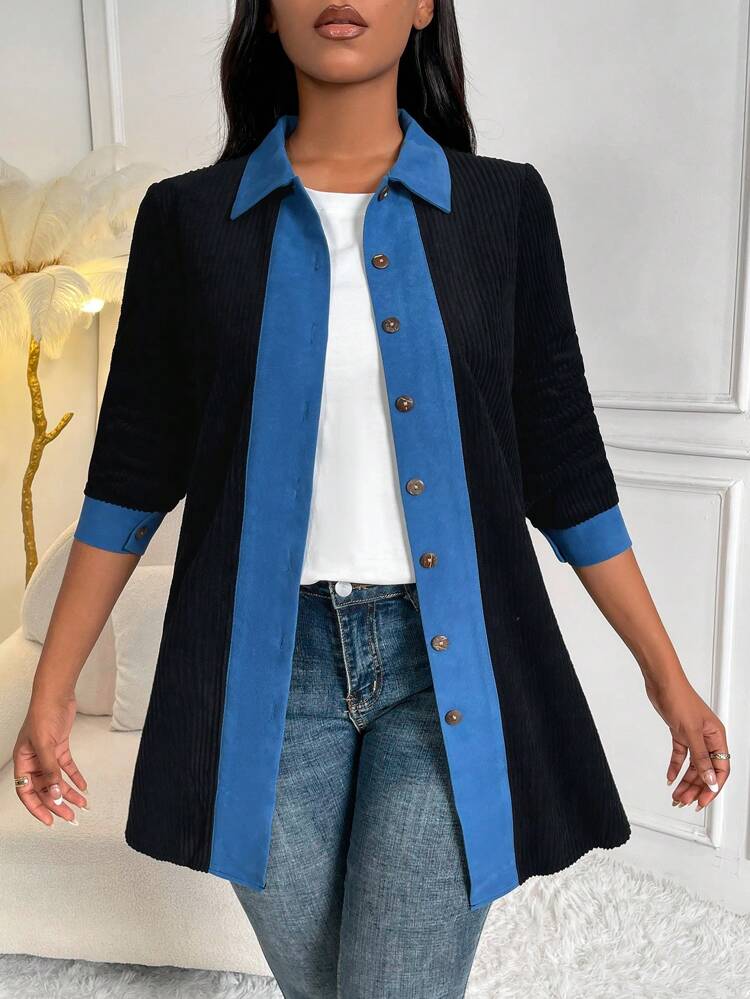 Contrast Trim Button Front Coat Fall Cloth For Women