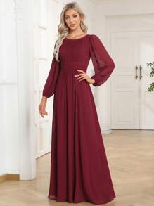 Elegant Chiffon Round Neck Lantern Sleeve Long Sleeve Burgundy Bridesmaid Dress, Wedding Guest Dress For Women Spring - Burgundy - View 7