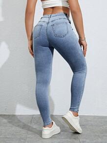 SHEIN Essnce 斜口袋緊身牛仔褲 - 淺色水洗藍 - 查看 2