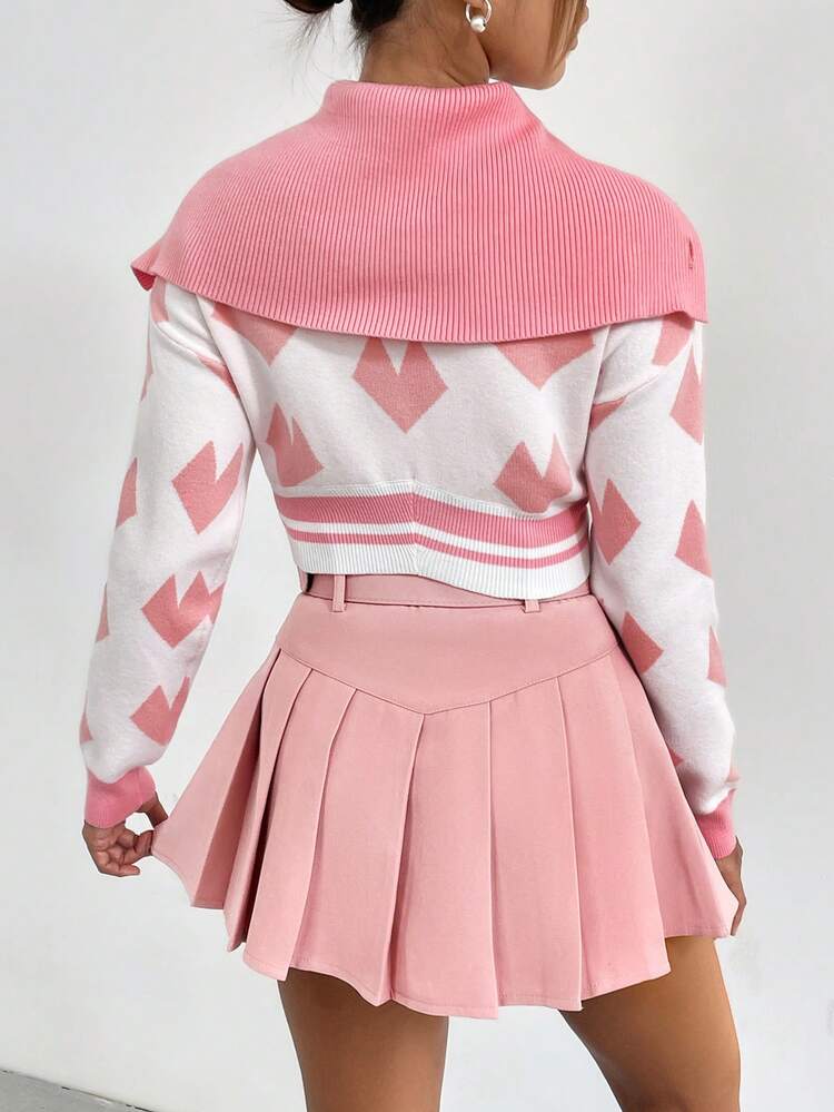 Heart Pattern Sailor Collar Button Detail Crop Knit Pullover Fall Winter Sweater