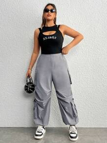 SHEIN EZwear 大碼側翻蓋口袋工裝褲 - 灰色 - 查看 5