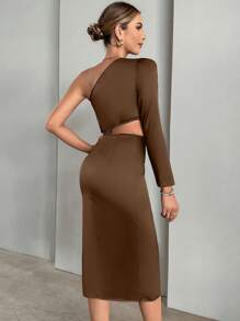 SHEIN Privé 單肩鏤空褶邊高衩緞面洋裝 - 棕色 - 查看 2