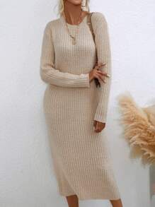 Chiquease 素色條紋針織毛衣洋裝 - 杏色 - 查看 3