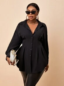 Maweii Plus Size Women Solid Color Bishop Sleeve Gathered Waist A-Line Black Sexy Long Sleeve Shirt Cardigan