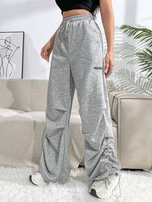 SHEIN Unity Đồ họa Chữ cái Eo dây rút Quần ống rộng - Xám - Xem 6