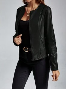 SHEIN Clasi Solid Open Front PU Jacket - Black - View 5