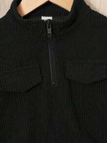 SHEIN 男嬰翻蓋細節半拉鏈燈芯絨上衣和褲子 - 黑色 - 查看 3