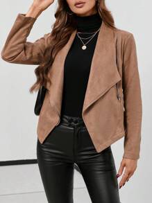 SHEIN LUNE 大翻領拉鏈開襟機車夾克 - 卡其色 - 查看 1