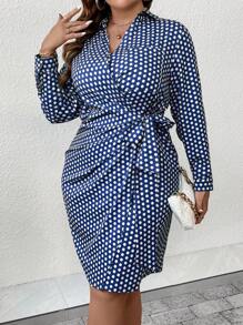 SHEIN Clasi Plus Polka Dot Print Knot Side Wrap Dress - Navy Blue - View 1