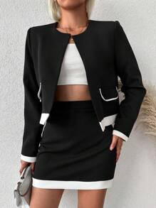 拼接邊開門襟夾克&半身裙 - 黑色 - 查看 5