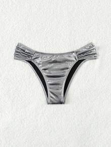 SHEIN Swim Bottom de bikini brillante fruncido lateral - Plateado - Ver 4