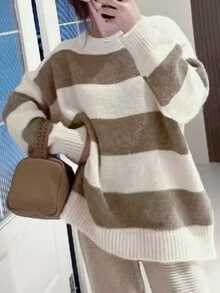 Block Stripe Drop Shoulder Oversized Sweater - Khaki - View 4