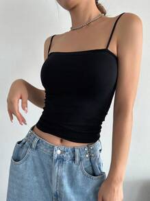 DAZY Women's Solid Color Spaghetti Strap Solid Crop Cami Tops,Thermal Lined - Black - View 5