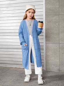 SHEIN Tween Girl Drop Shoulder Pocket Patched Cardigan - Blue - View 1