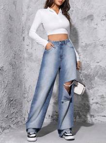 高腰破洞闊腿牛仔褲 - 藍色 - 查看 8