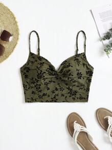 Soleia Floral Print Twist Front Cami Top - Olive Green - View 1