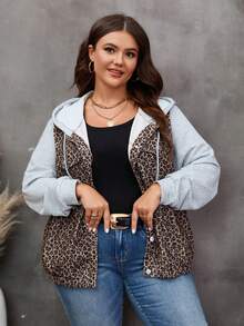 SHEIN LUNE Plus Leopard Print Colorblock Drawstring Hooded Jacket - Khaki - View 4