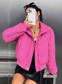 SHEIN EZwear Zip Up Snap Button Corduroy Padded Coat - Hot Pink - View 1
