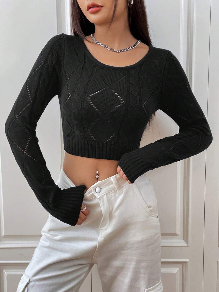 SHEIN EZwear 素色短款毛衣 - 黑色 - 查看 1