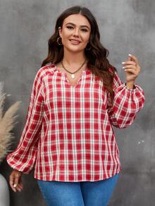 SHEIN LUNE 大碼格紋印花燈籠袖襯衫 - 酒紅色 - 查看 5