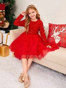 Vestido de malla tejida para niña preadolescente con cuello redondo de punto con cuentas y parches - Rojo - Ver 6