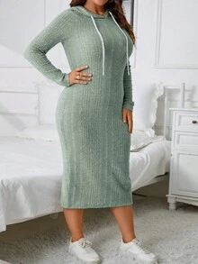 SHEIN Essnce 加大码罗纹针织抽绳卫衣连衣裙 - 薄荷綠 - 查看 6