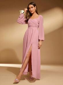 SHEIN Belle 雞心領口燈籠袖高衩伴娘洋裝 - 藕粉色 - 查看 3