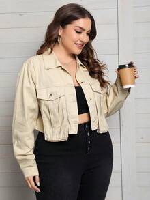 SHEIN Privé Plus Flap Detail Denim Jacket - Khaki - View 5