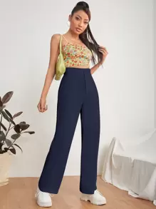 SHEIN PETITE Solid High Waist Wide Leg Suit Pants