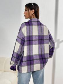 SHEIN Unity Plaid Print Drop Shoulder Flap Pocket Shirt - Purple - View 2